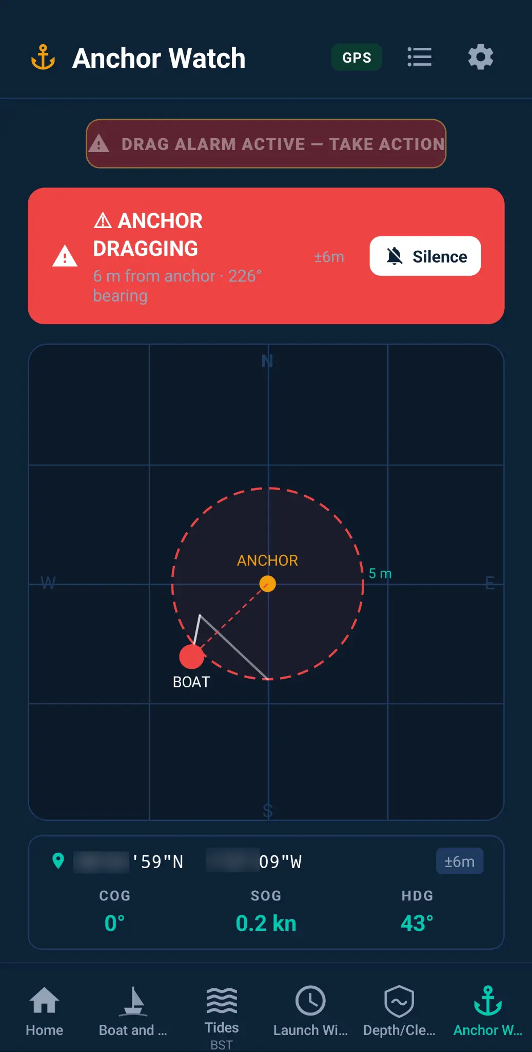 Anchor Watch alert screen