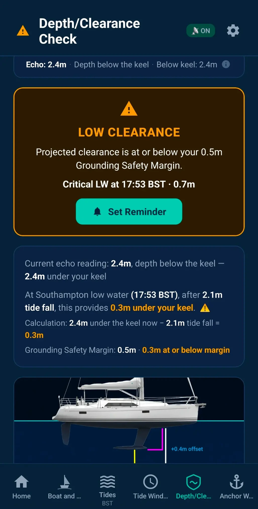 Depth and Clearance Check low-clearance warning