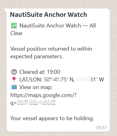 WhatsApp Anchor Watch all-clear alert